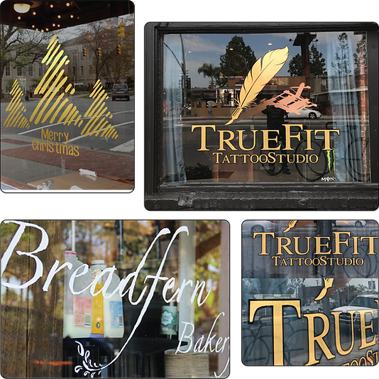 Four storefront window signs, including TrueFit Tattoo Studio and Breaden Bakery, seen through glass reflections