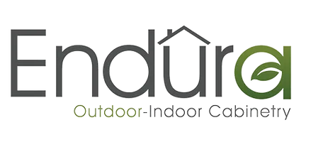 Logo for Endura outdoor cabinetry, with a house icon above the letter "u" and a green leaf inside the letter "a".