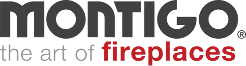 Montigo logo: dark gray "MONTIGO" with red "fireplaces" below, and the text "the art of".
