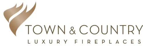 Logo for Town & Country Luxury Fireplaces: gold flame symbol and text.