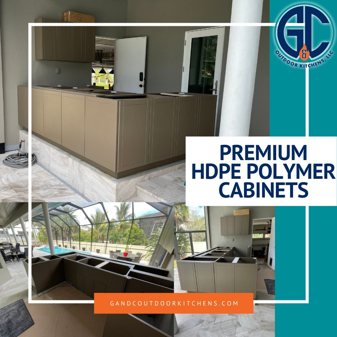 HDPE polymer kitchen cabinets in various settings. Tan and gray color scheme, modern style. Website logo and text.