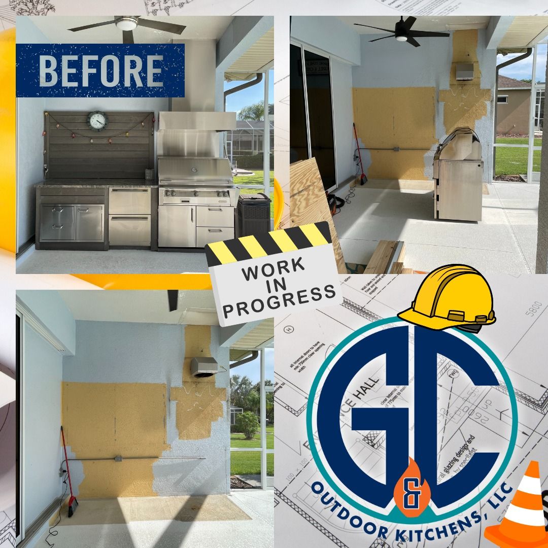 Before/work in progress/after photos of an outdoor kitchen remodel by G&C Outdoor Kitchens.