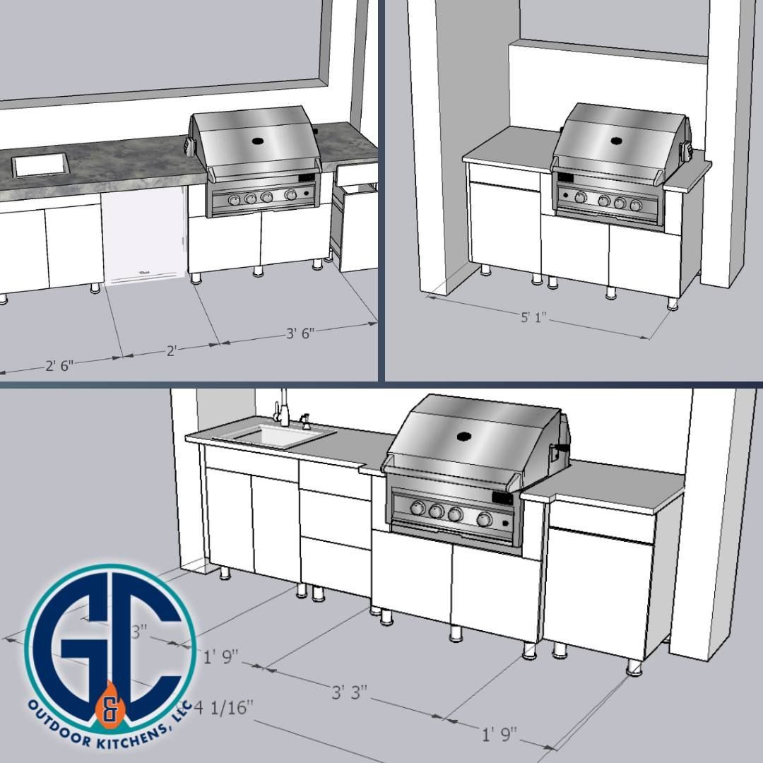 Three outdoor kitchen designs with stainless steel grills and cabinets, various lengths.