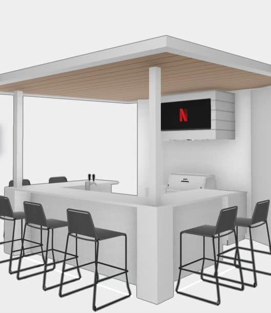 Outdoor bar with stools, TV, and overhead covering; white and gray color scheme.