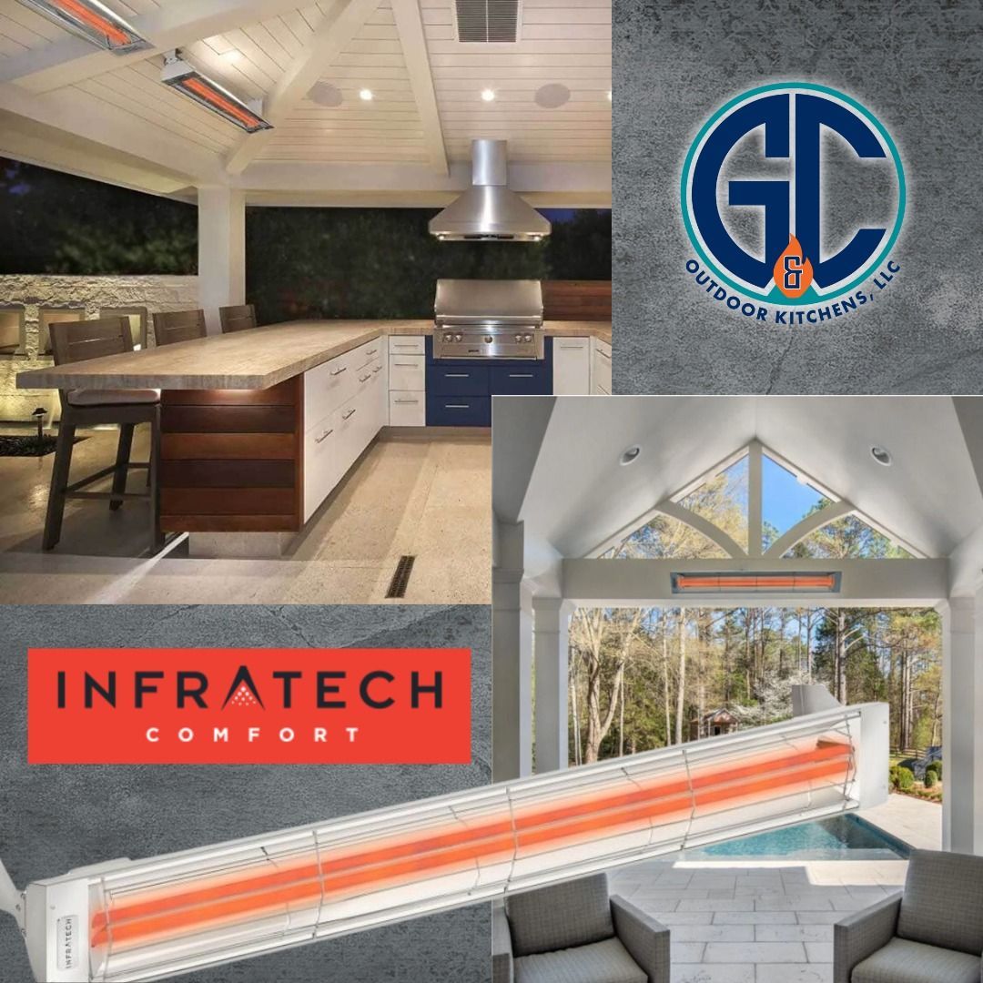 Outdoor kitchen with heaters and InfraTech logo.