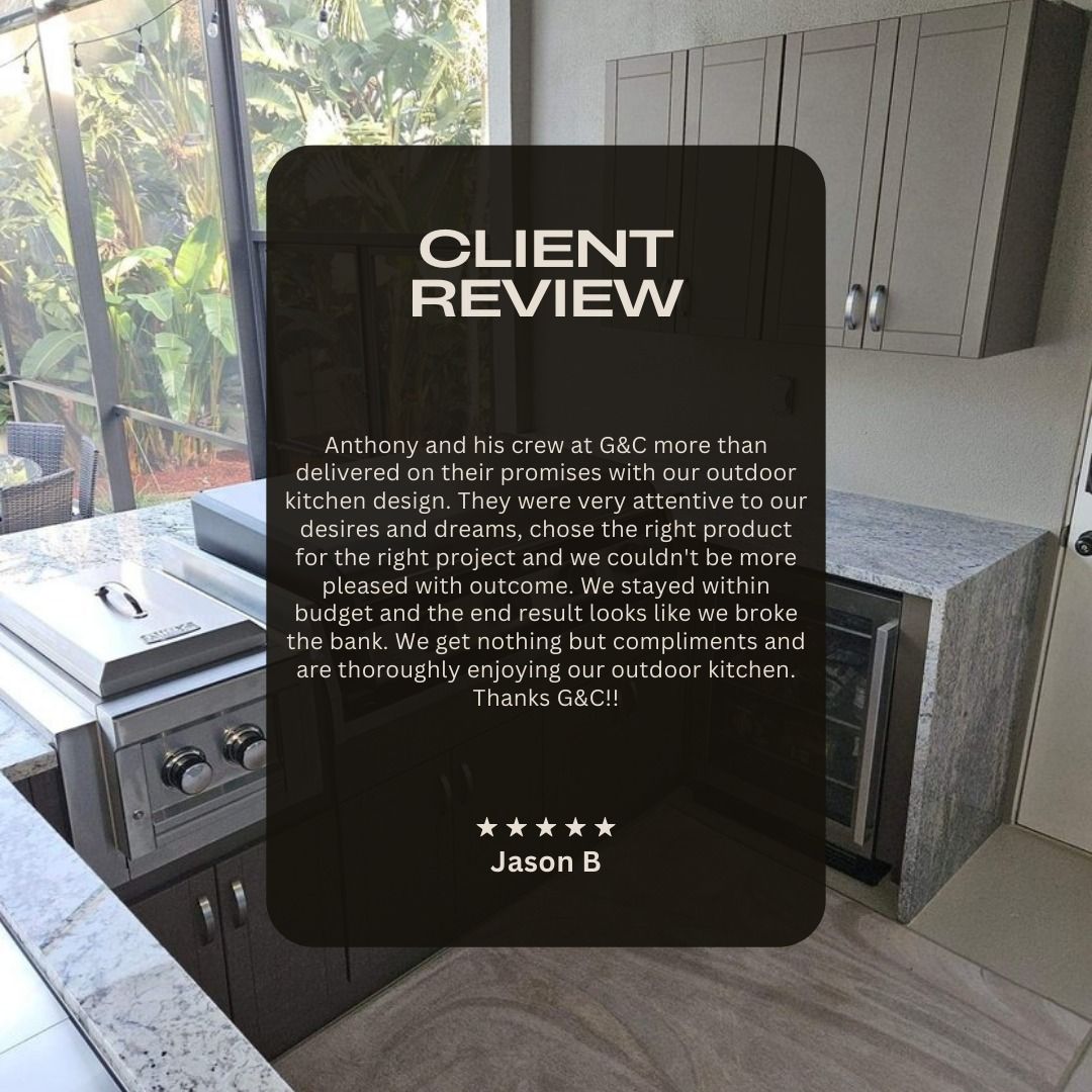 Client review for outdoor kitchen. Gray cabinets, granite counters, grill, window view, 5-star rating.