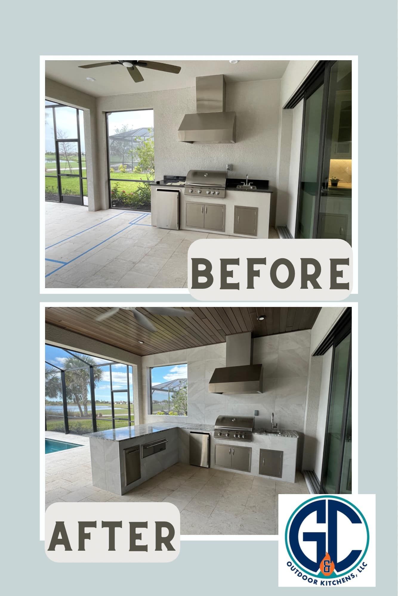 Outdoor kitchen remodel: Before & after photos. Stainless steel appliances, concrete countertops, and an island added.