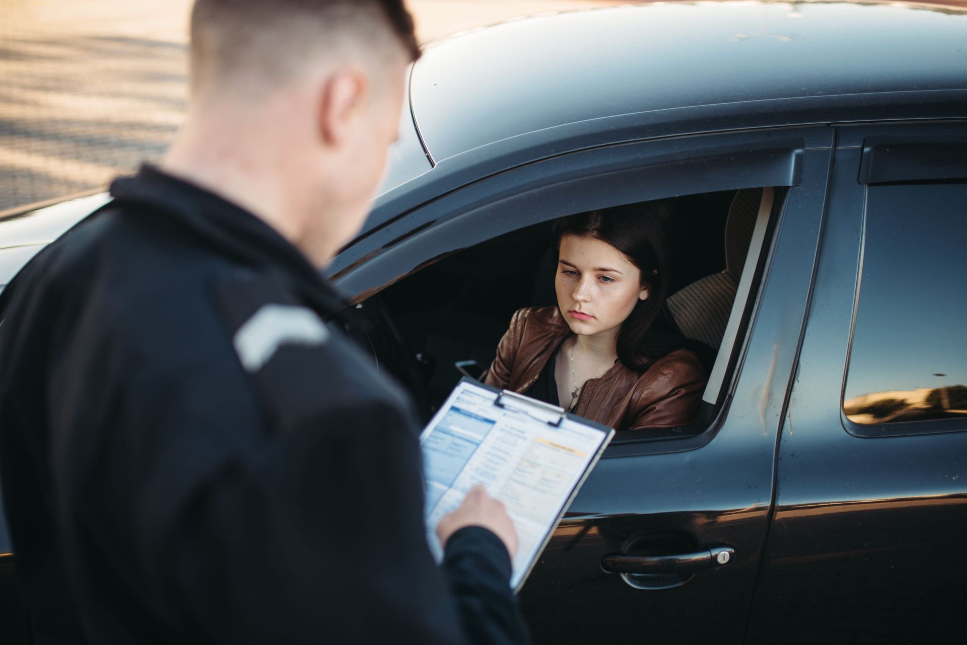 Police officer checking driver documents through car window