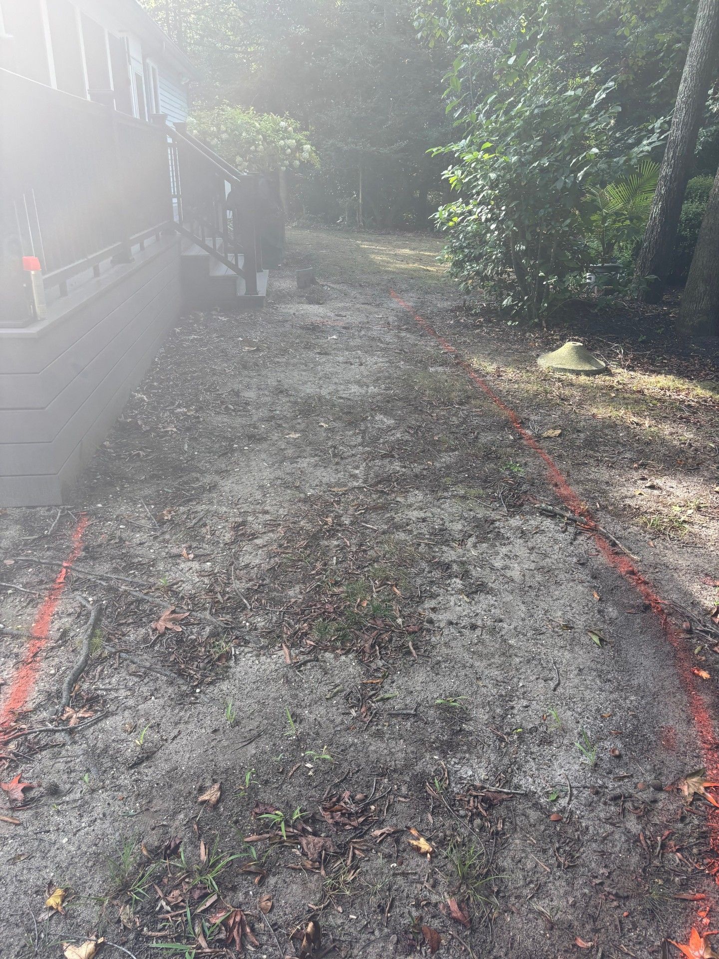 A marked-off sandy walkway runs along the side of a building toward a wooded area, framed by red landscape paint lines.