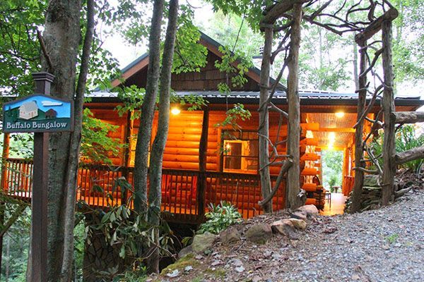 A log cabin is surrounded by trees and a sign that says buffalo ridge