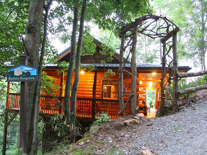 A log cabin is surrounded by trees and has a sign that says ' lodge ' on it