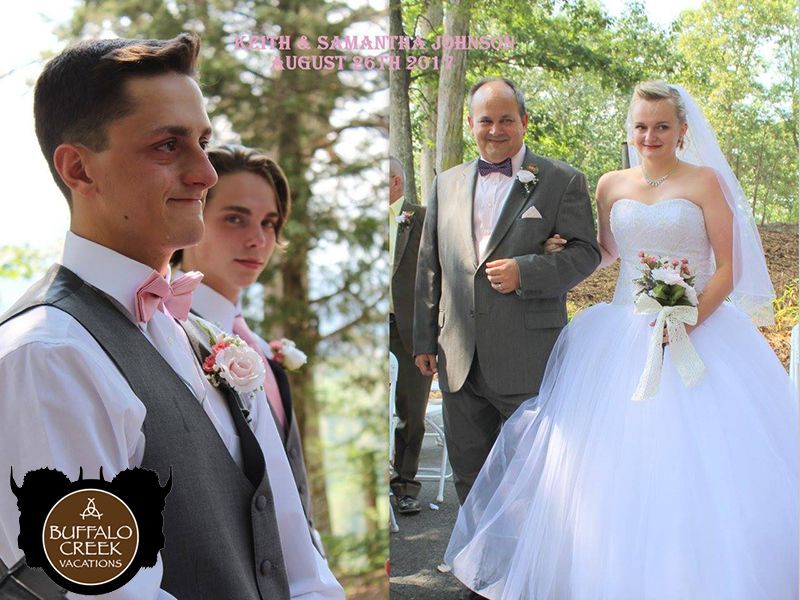 A bride and groom are walking down the aisle at their wedding