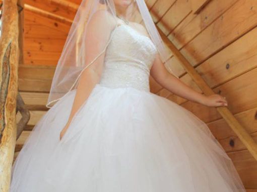A bride in a wedding dress and veil is standing on a wooden staircase.