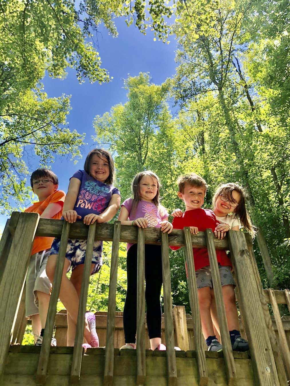 A group of children are standing on top of a wooden bridge.