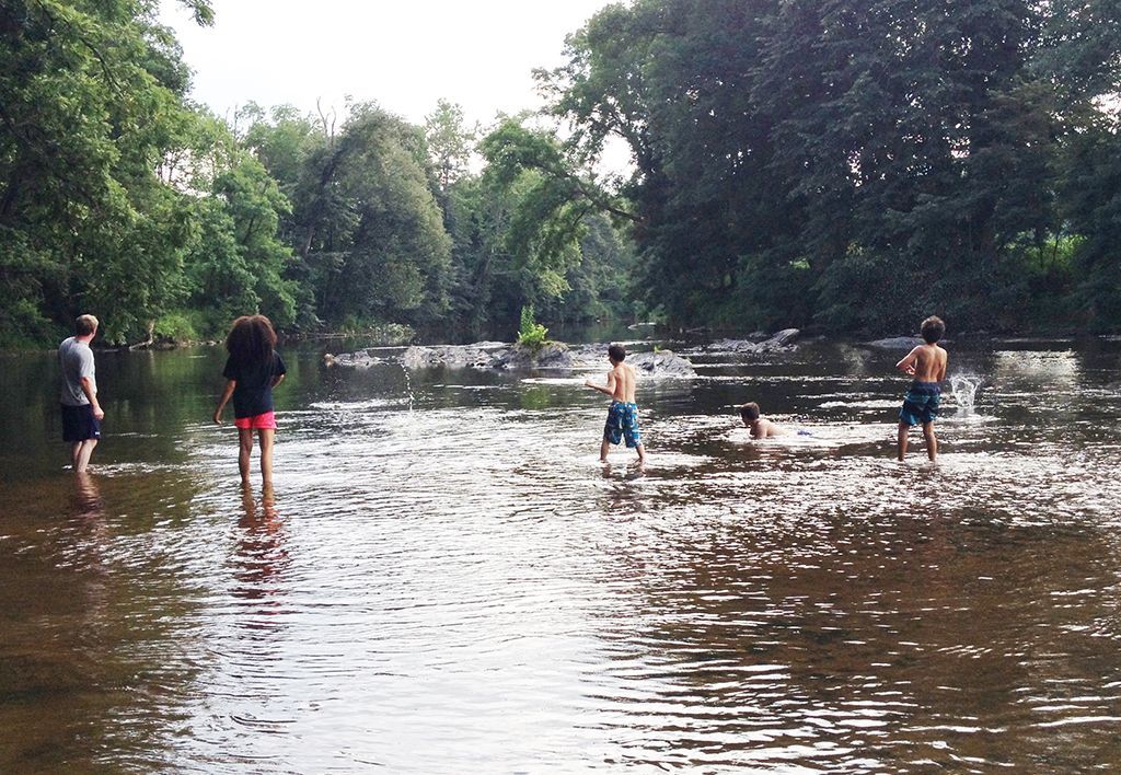 A group of people standing in a river with trees in the background