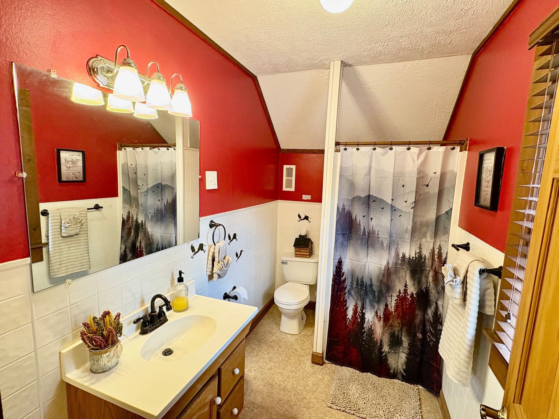 Bathroom with red walls, white wainscoting, mountain shower curtain, vanity, toilet.