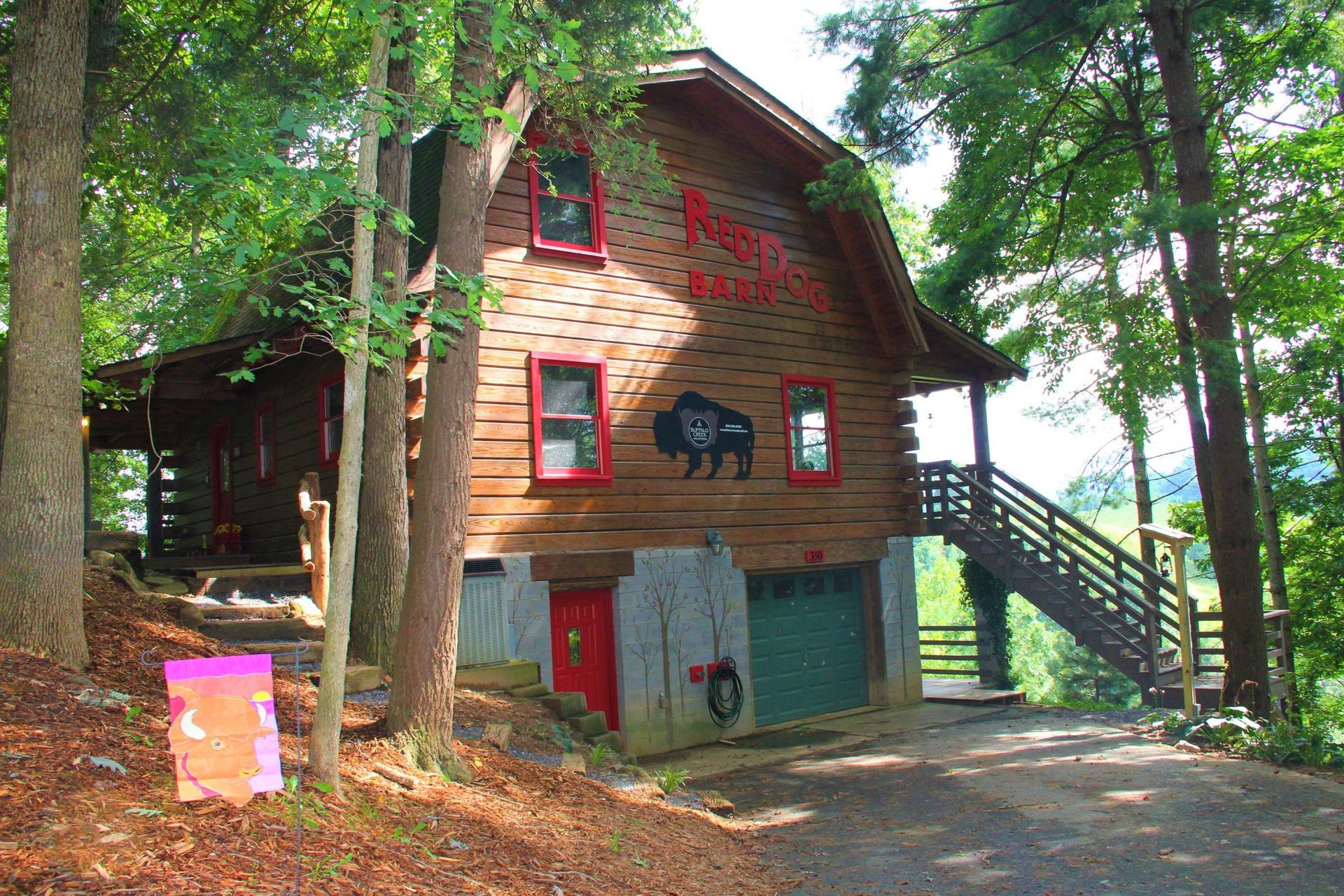 A house with a buffalo on the side of it