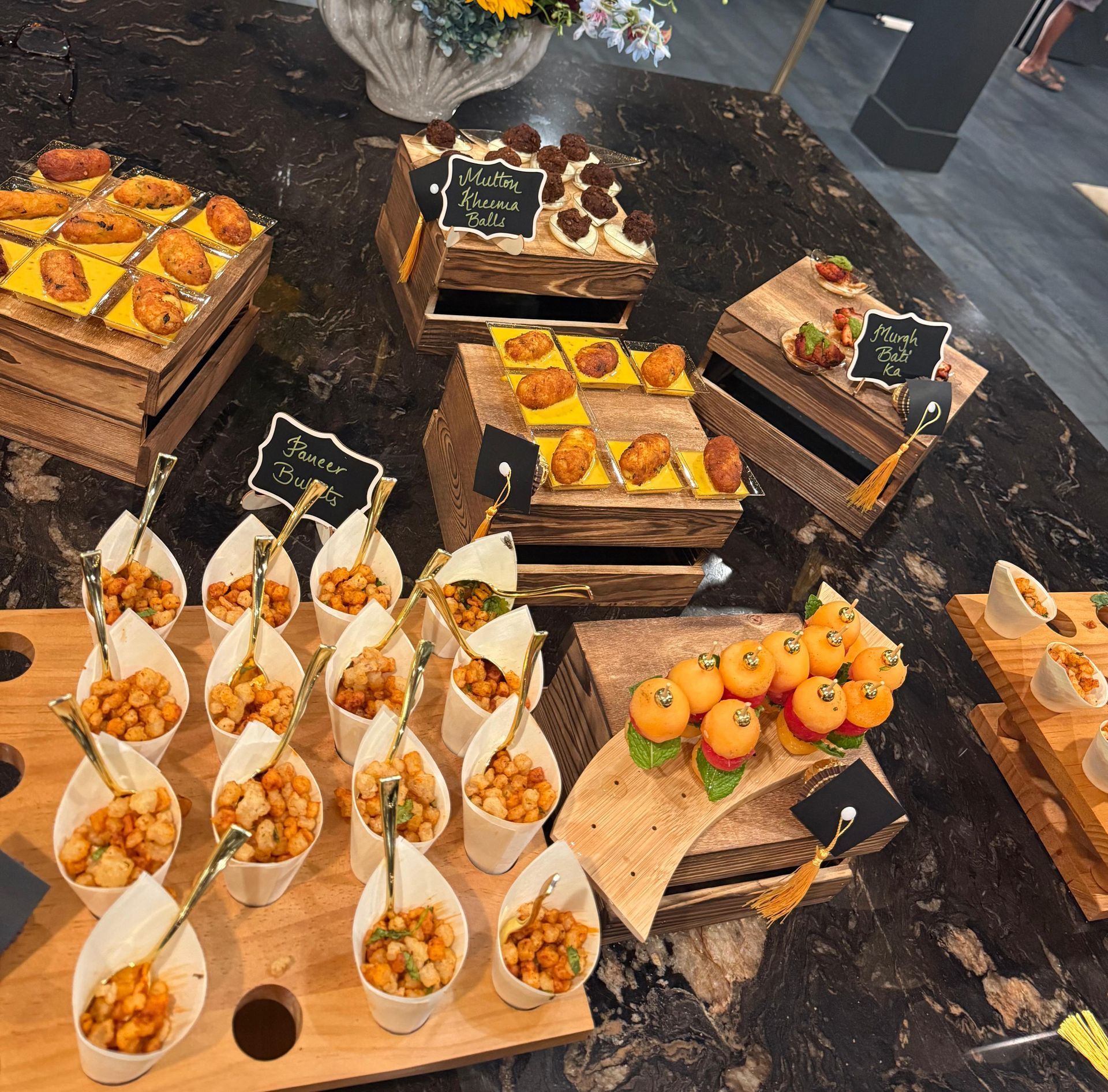 A plate of food with the words catering special exclusives on it