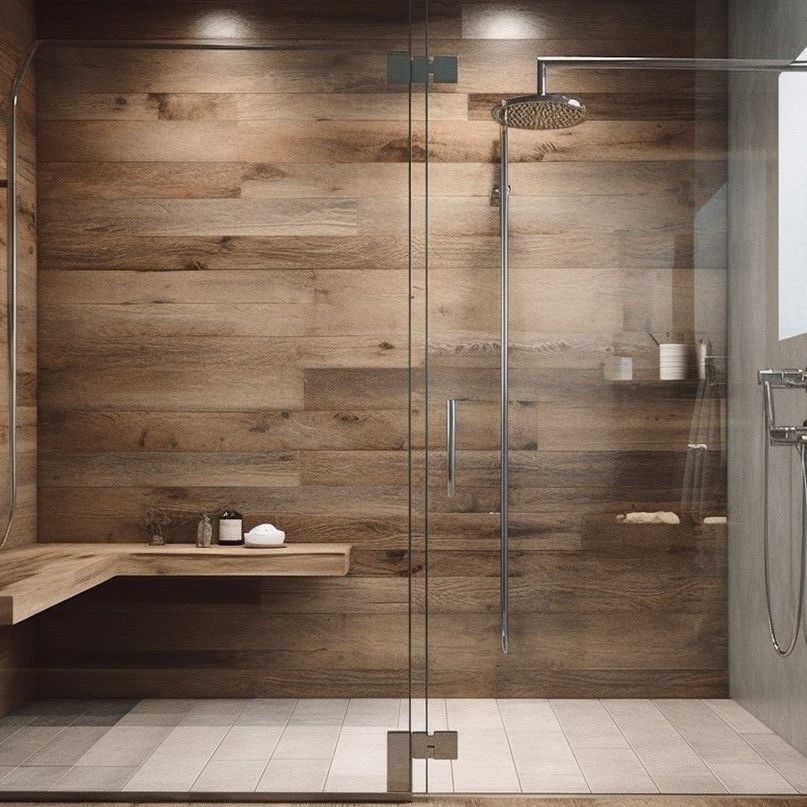 A bathroom with a walk in shower and a wooden wall.