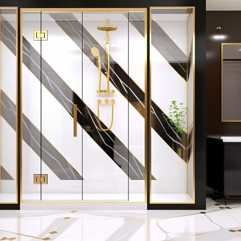 A bathroom with black and white stripes and a shower