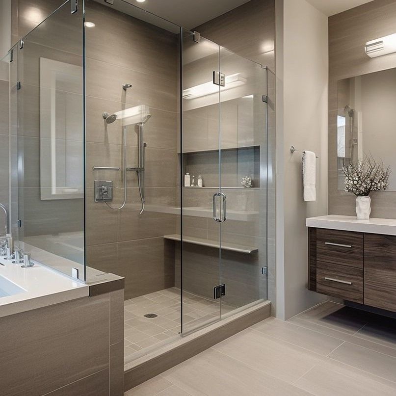 A bathroom with a walk in shower and a sink