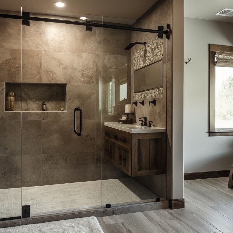 A bathroom with a walk in shower and a sink