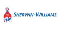 Sherwin-Williams logo with red paint can mascot and blue text on a white background