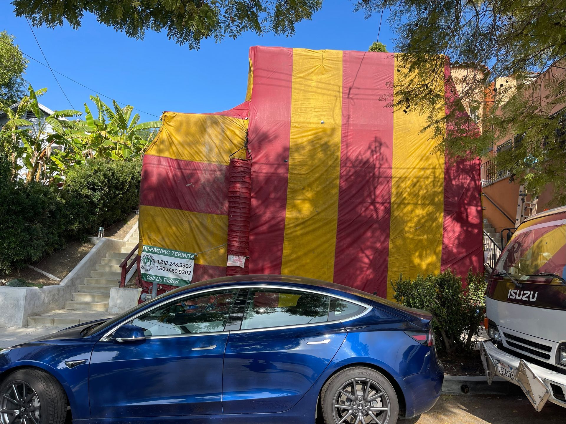 Blue Tesla parked next to a large, colorful inflatable bounce house on a sunny day.