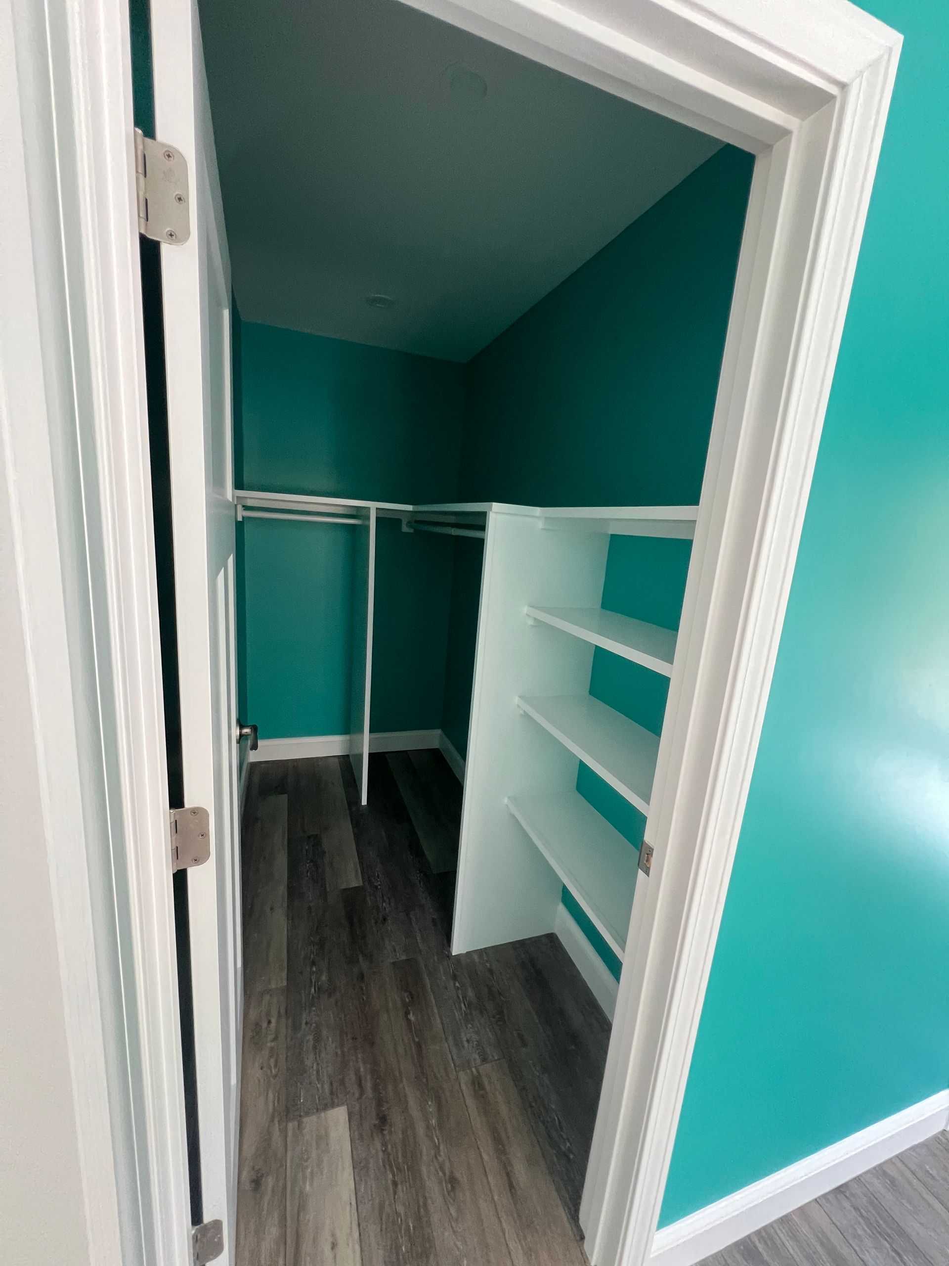 A walk-in closet with teal walls, wood-look flooring, and white shelving units.