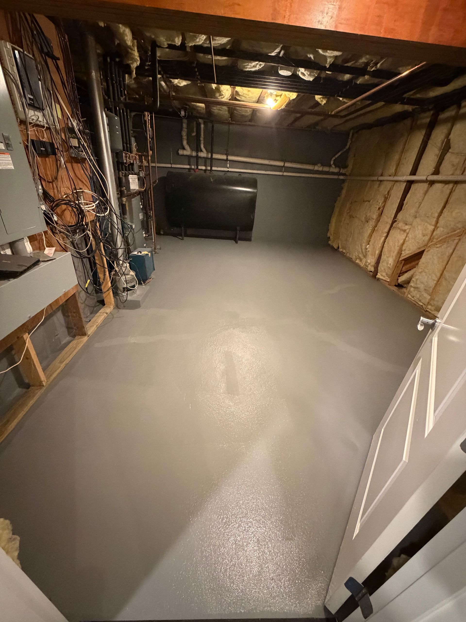 A view of a basement storage area with a freshly painted gray floor, exposed wall insulation, and utility equipment.