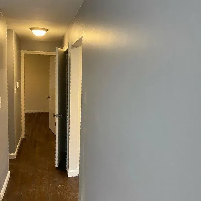 An interior view of a hallway with grey walls, dark wood-look flooring, and a partially open white door.