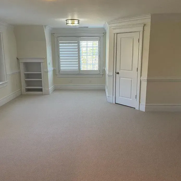 A bright room with beige carpet, a built-in bookshelf, a window with white shutters, and a closed white paneled door.