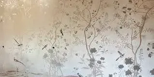 A light-colored wallpaper mural featuring delicate black ink-style sketches of trees, blooming flowers, and birds.