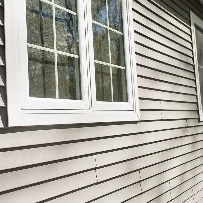 Close-up of a house exterior with light grey horizontal vinyl siding and a white-framed window with a grid pattern.