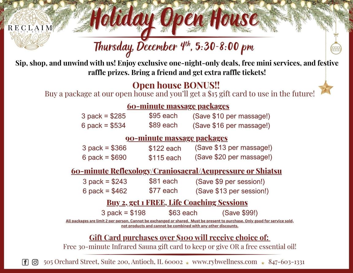 Holiday Open House flyer for Reclaim, with open house deals on massages, coaching sessions, and gift card promotions.