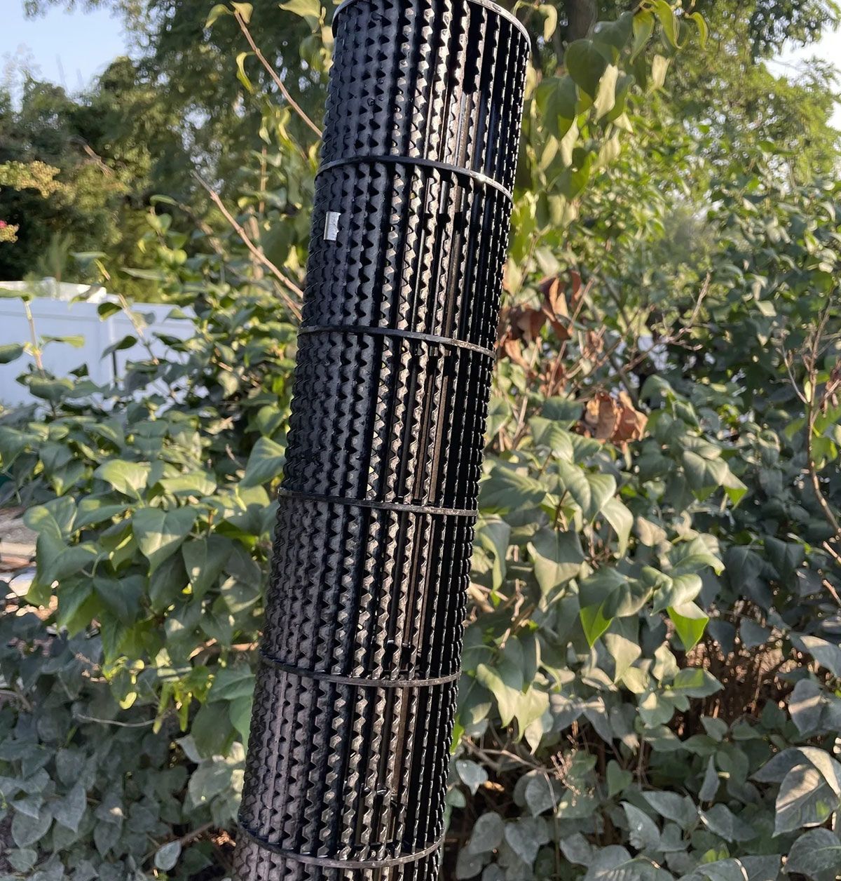 Black cylindrical mesh tube standing among green foliage outdoors.