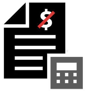 Black document icon with red crossed-out dollar sign and gray calculator overlay