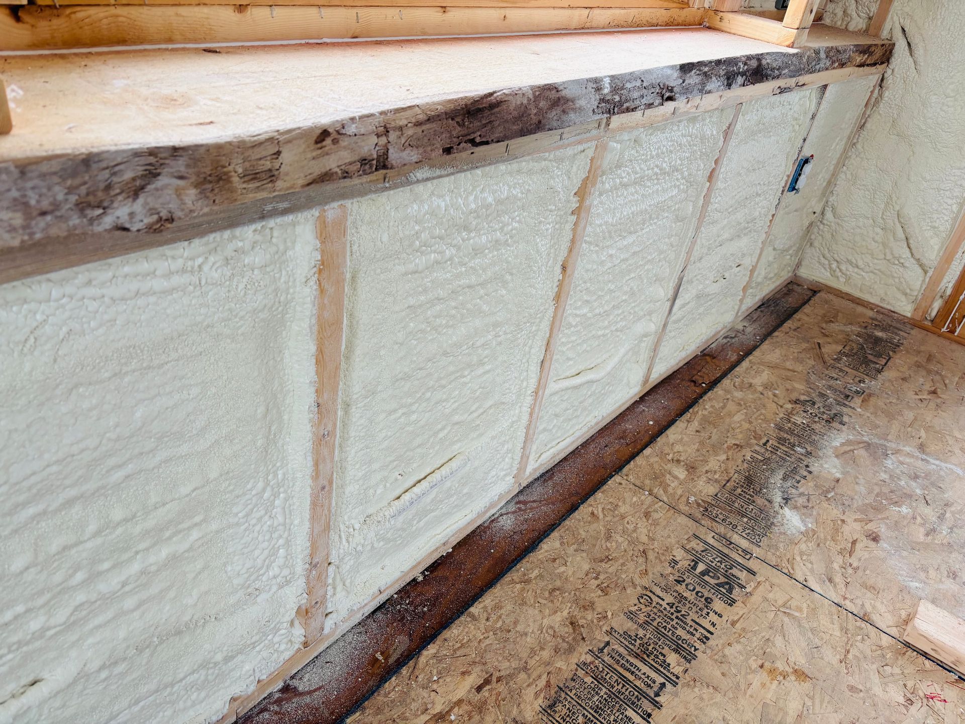 Interior wall of a building under construction, insulated with beige spray foam, showing exposed wooden studs.