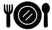 Black fork, plate, and spoon icon on a white background