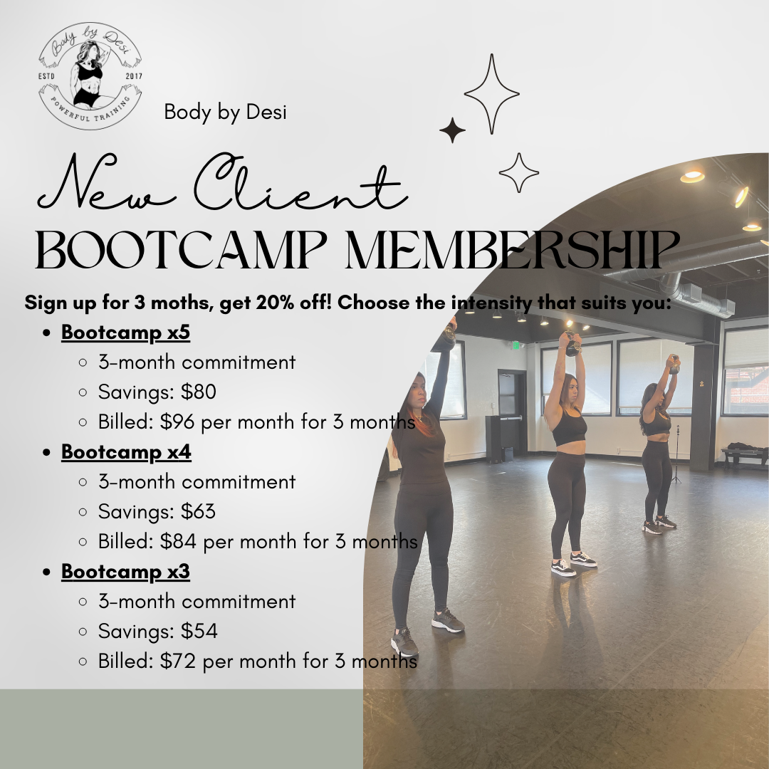 Fitness bootcamp membership advertisement. Three women in a studio with different intensity options and pricing.