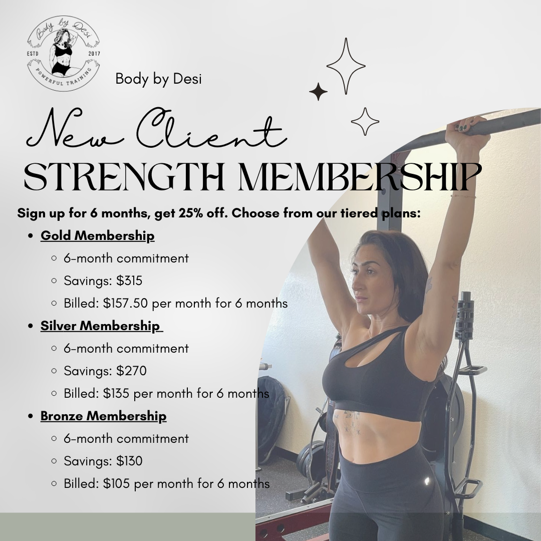Advertisement for a fitness membership. Woman in workout attire holding onto a pull-up bar. Text details a strength membership with tiered plans.