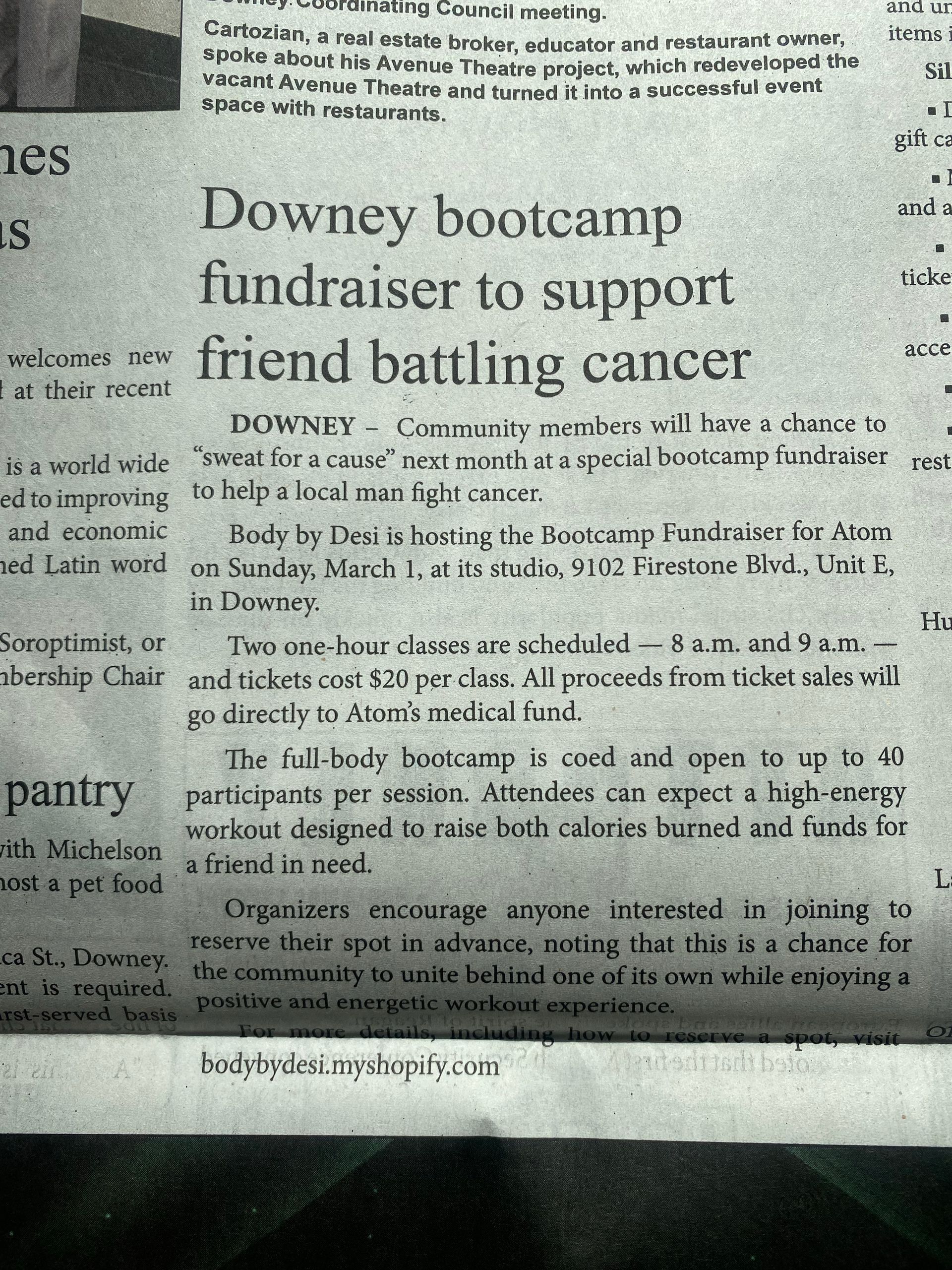 Newspaper clipping: Downey bootcamp fundraiser to support friend battling cancer. Text detailing event and fundraising details.