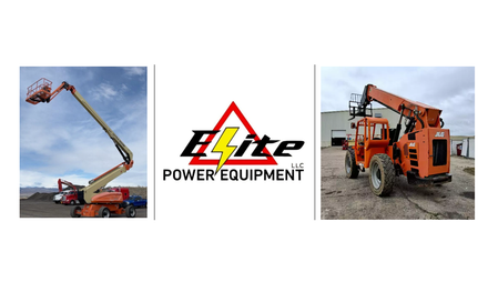 Elite Power Equipment logo between two orange telescopic boom lifts on a white background