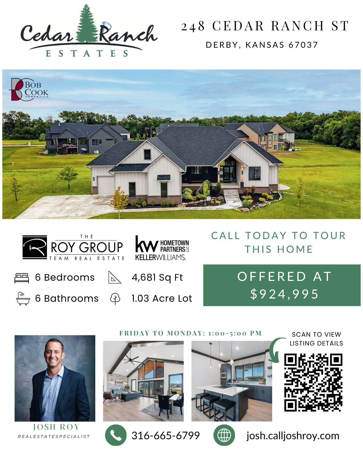 Real estate advertisement: Cedar Ranch Estates, house exterior and interior photos, realtor's portrait. Offering price $1,939,995.