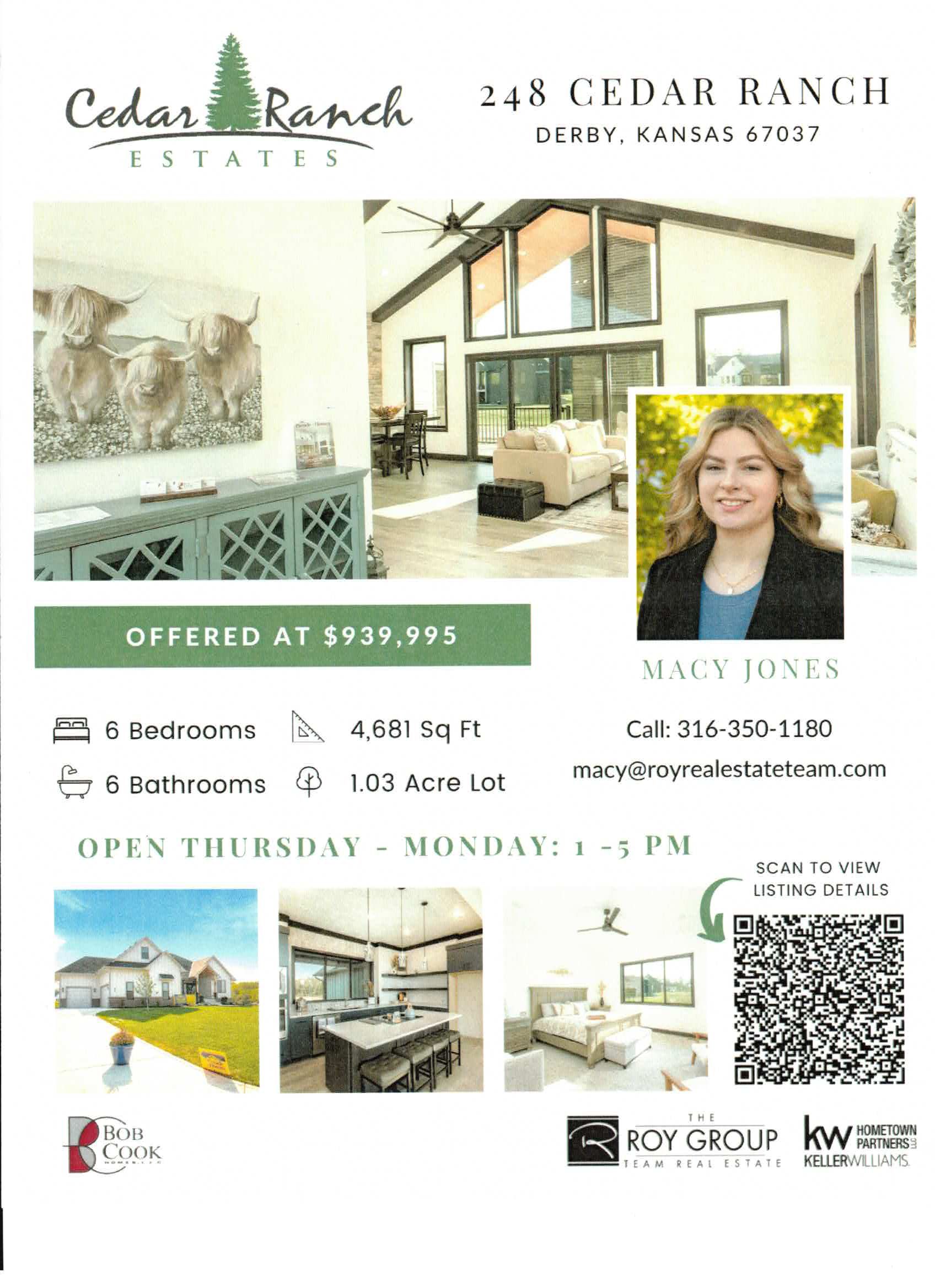 Real estate advertisement: Cedar Ranch Estates, house exterior and interior photos, realtor's portrait. Offering price $1,939,995.