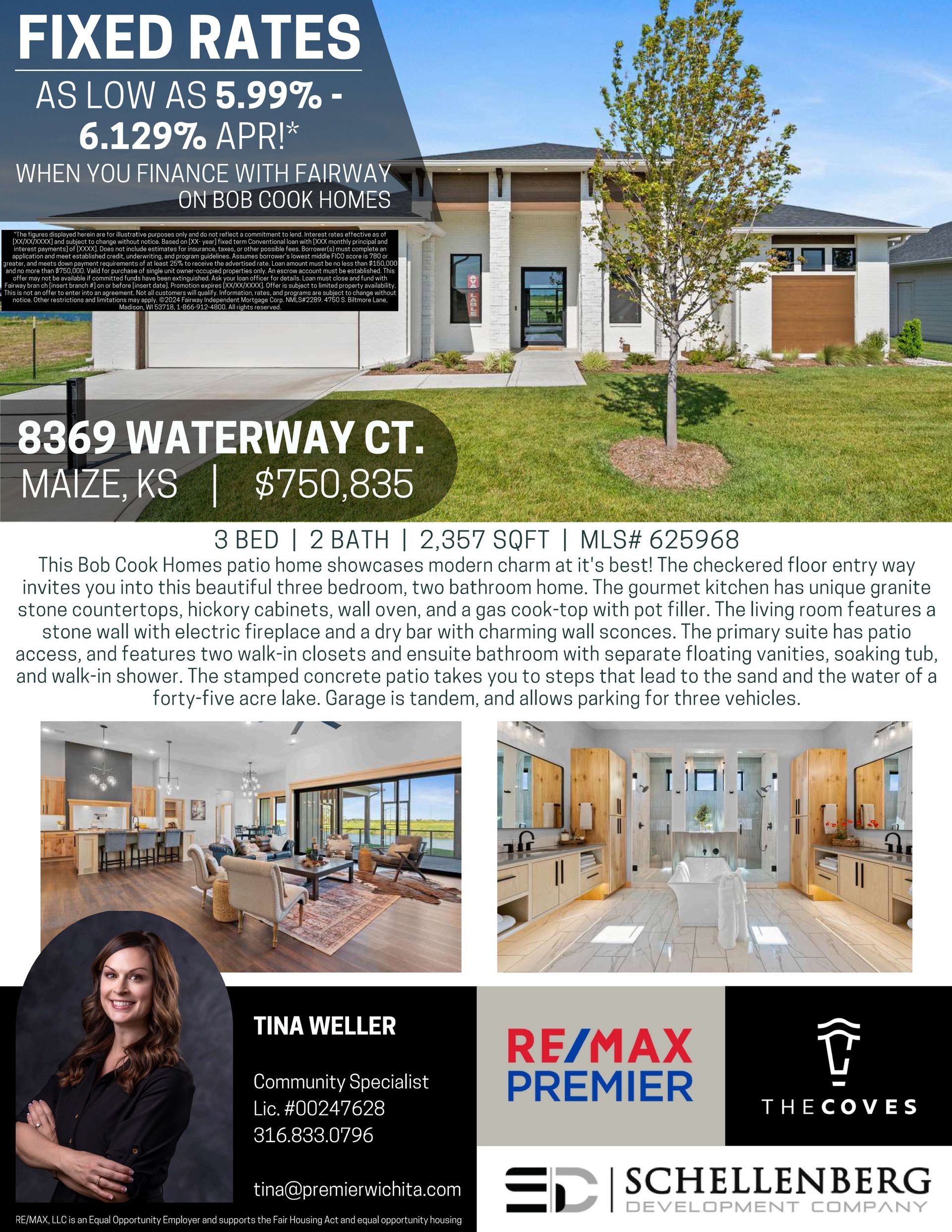 Real estate ad for 8369 Waterway Ct. with a photo of the house. Includes rates, agent info, and logos.
