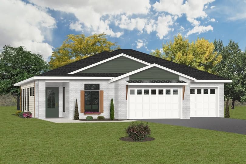 Exterior rendering of a modern, single-story house with a white brick facade and a dark roof.