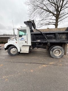 A white dump truck is parked in a parking lot next to a tree.