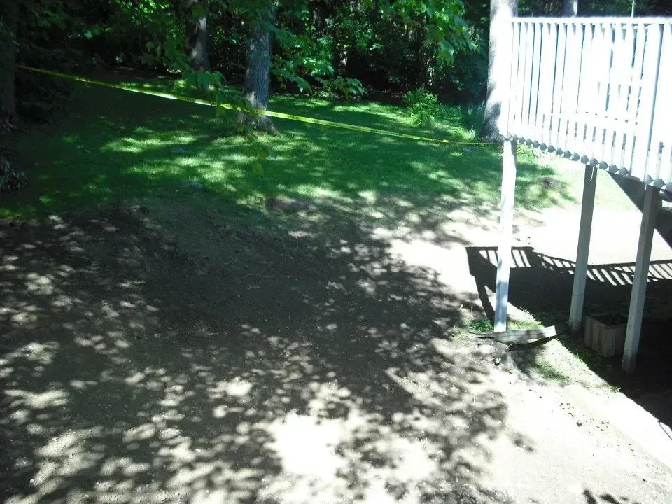 Shaded backyard lawn with trees, bright sunlight, and a white porch railing on the right.