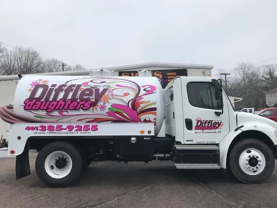 White Daffey’s Doughnuts delivery truck with pink logo and pastries on the side, parked outdoors under cloudy sky